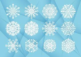 Set of white snowflakes, on a gradient blue background, vector illustrations.