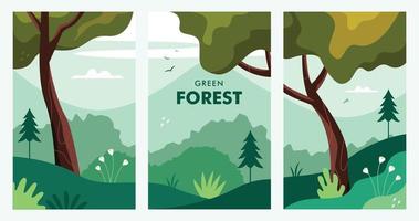 three green forest landscapes vector illustration