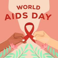 flat world aids day with hands holding red  bow ribbon vector