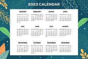 Plantilla de calendario de año nuevo 2023 con fondo de hojas dibujadas a mano vector