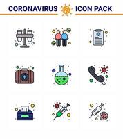 CORONAVIRUS 9 Filled Line Flat Color Icon set on the theme of Corona epidemic contains icons such as flask case transmitters medical emergency viral coronavirus 2019nov disease Vector Design Elem