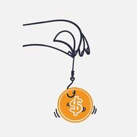 hand drawn doodle dollar money on fishing hook illustration vector