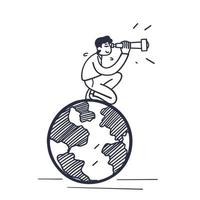 hand drawn doodle person looking from globe with binoculars illustration vector