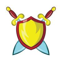 Gold shield with two crossed knight swords icon vector