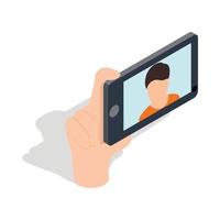 Guy taking selfie photo on smartphone icon vector