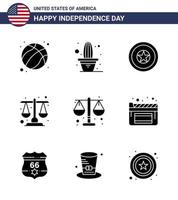 Solid Glyph Pack of 9 USA Independence Day Symbols of movies scale holiday law court Editable USA Day Vector Design Elements