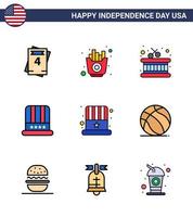 Big Pack of 9 USA Happy Independence Day USA Vector Flat Filled Lines and Editable Symbols of usa cap instrument american american Editable USA Day Vector Design Elements