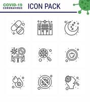Covid19 icon set for infographic 9 Line pack such as glass scan virus night team conference viral coronavirus 2019nov disease Vector Design Elements
