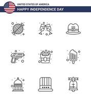 4th July USA Happy Independence Day Icon Symbols Group of 9 Modern Lines of fries fast hat weapon security Editable USA Day Vector Design Elements