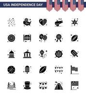 Set of 25 Vector Solid Glyph on 4th July USA Independence Day such as badge howitzer location pin cannon usa Editable USA Day Vector Design Elements