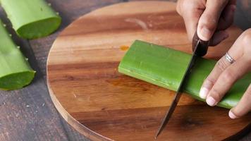 cutting fresh aloe vera sliced on a chopping board video