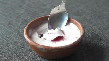 Joghurt mit einem Löffel mit roten Früchten bekommen video