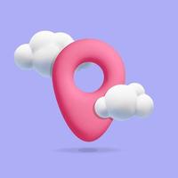 Marcador de punto de ubicación de mapa vectorial 3d para servicio de navegación con ilustración de diseño de fondo de nube. vector