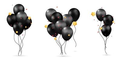 Collection of 3d vector bunch black realistic render air balloons for  Birthday, festive, holiday event with confetti, stars decoration element design