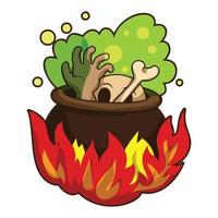 Boiling on fire cauldron icon, cartoon style vector