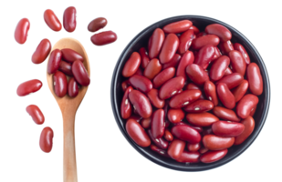 red kidney beans in a black bowl and spoon on transparent background, top view, flat lay, top-down. png