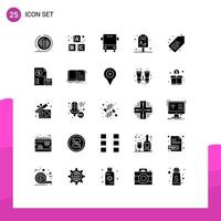 Pictogram Set of 25 Simple Solid Glyphs of tag drink bus pop vehicles Editable Vector Design Elements