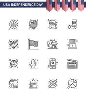 paquete de 16 líneas de celebración del día de la independencia de EE. UU. Signos y símbolos del 4 de julio, como el regalo de la máquina americana del corazón, elementos de diseño vectorial del día de EE. UU. editables de Navidad vector
