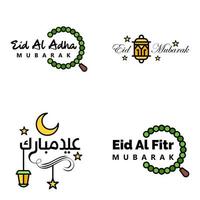 eid mubarak ramadan mubarak fondo paquete de 4 diseño de texto de saludo con linterna de luna dorada sobre fondo blanco vector