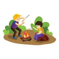 Boys make marshmallow on fire concept background, cartoon style vector