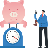 Return on deposit. Make a financial plan, check personal financial liquidity. Manage your savings. Piggy bank on scales and analyze. png