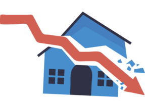 Housing crisis, Real estate debt or property prices drop. The concept of low cost real estate. Arrow graph hitting the house. illustration png