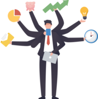 Businessman with many hands in a suit. Works simultaneously with several objects. multitasking work and time management concept. illustration png