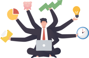 Businessman with many hands in a suit. Works simultaneously with several objects. multitasking work and time management concept. illustration png