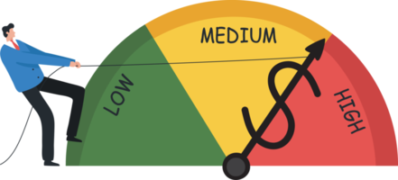 risicomanagement meter. voorraad, financiën, economie, inflatie, investeringen, financieel of zakelijk risicobeheer. zakenman touw trekken om het risico te verminderen. png