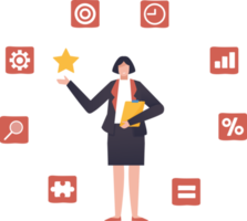 Business data analytics, management tools, intelligence, corporate strategy development, data-driven decision making. business woman with information tools. illustration png