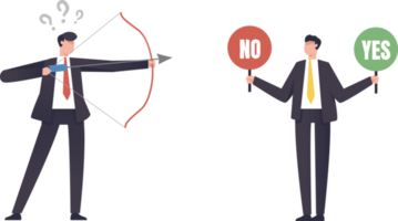 YES or NO, Right or wrong business decisions, true or false, right and wrong, alternative concept. Businessman aiming arrow at Yes or No word. illustration png