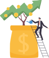 businessman watering and harvest money tree concept. Financial or investment growth, increase earning profit and capital gain, success in wealth management concept, png