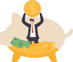 Young or businessman man was happy with the money in the piggy bank. illustration png