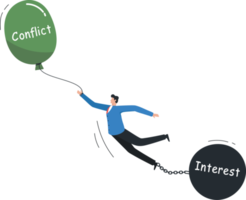 Conflict or interest. decision choice. Conflict management. Proof of vision in problem solving. Businessman tied up with balloons and pendulum. png