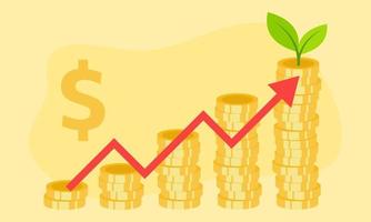 Profit growth illustration with stages plant grow coins and rising graph arrow. Concept of business success, economic or market growth, investment revenue, capital earnings, benefit. vector
