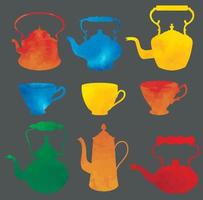 Set of watercolor cups and kettles