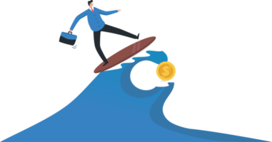 Investment challenges. Business or career challenges. Confronting the peak of the profit point. Stock market, crypto currency market. Investment risk. businessman surfing giant waves. png