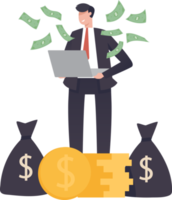 Online income. Happy businessman earning money. confident businessman showing how work online. holding money and laptop. illustration png