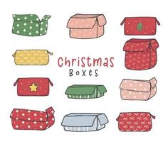 colección de lindas cajas de regalo de navidad abiertas doodle vector dibujado a mano