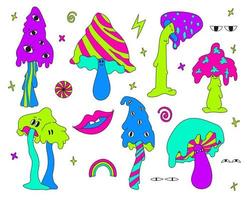 A set of acid psychedelic cartoon mushrooms, eyes, mouth. vector