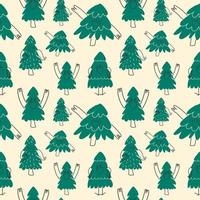 Seamless pattern with Set of Various  of Christmas tree with face emotions, hands and legs. Hand drawn trendy for kids. Cute funny characters. vector