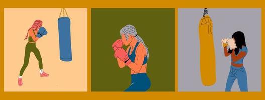 Set of three Woman in boxing gloves posing at punching bag in sportswear. Girl power concept. Cartoon vector illustration