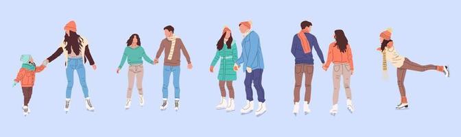 Conjunto de personas de patinaje sobre hielo, ilustraciones de vectores de actividades de invierno