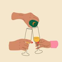 People hands are cracking by wine glasses with a champagne. Friends meeting, romantic date concept. Isolated vector illustration flat design.