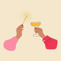 Celebration of the new year. Hands hold champagne and sparklers vector