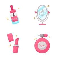 suero espejo lápiz labial perfurme maquillaje belleza mujer pegatina ilustración conjunto vector