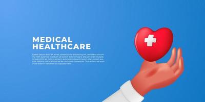 3D cartoon hand with red hearth medical healthcare illustration concept for hospital clinic vector