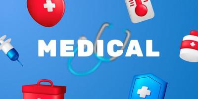Cuidado de la salud médica de hogar de dibujos animados en 3d con concepto de ilustración de icono médico para clínica hospitalaria con fondo azul