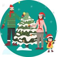 Happy smiling family decorating Christmas tree. vector