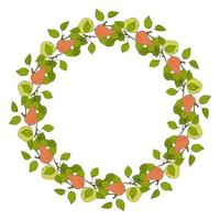 Pears Wreath circle of twigs with fruits orange and green, doodle, round frame with branches, leaves and fruits. vector